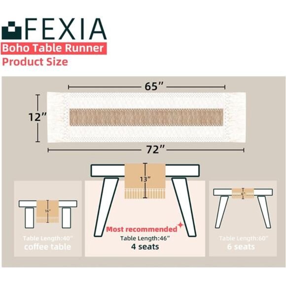 Boho Table Runner for Home Decor with Tassels 72 Inches Long Farmhouse Rustic - Picture 2 of 8